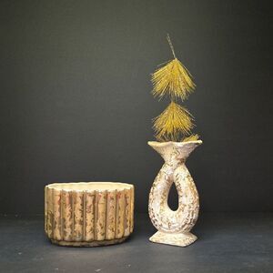 Vtg MCM Weeping Gold 24kt Scalloped Oval Planter,  Vintage Savoy Double Vase (E)